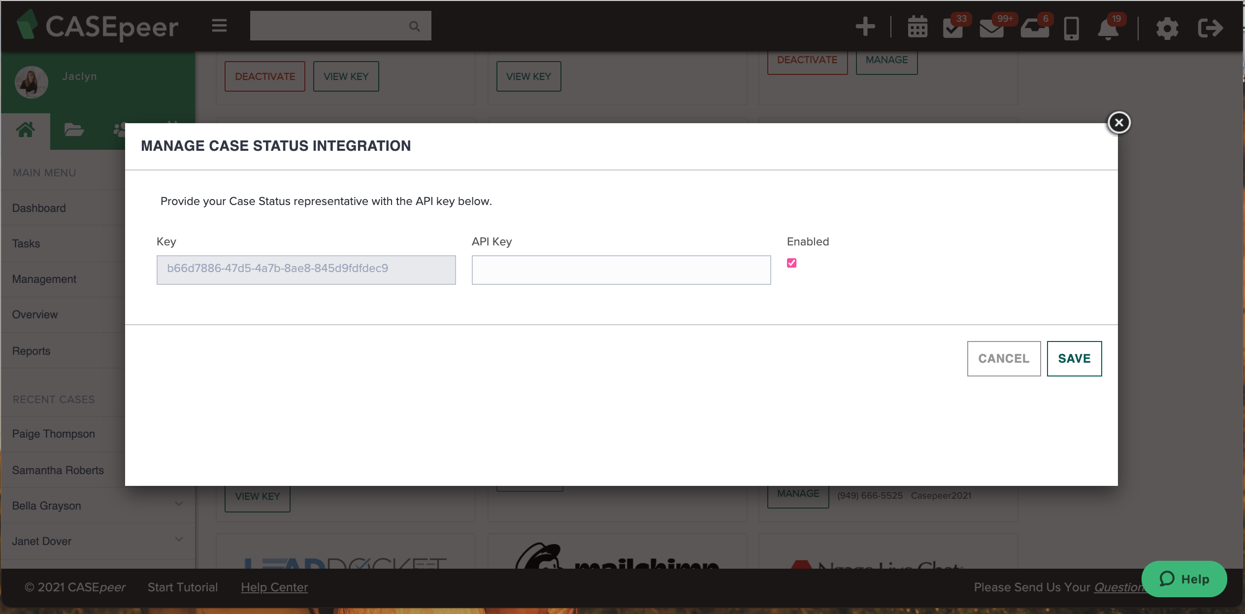 Activate the Case Status Integration CASEpeer