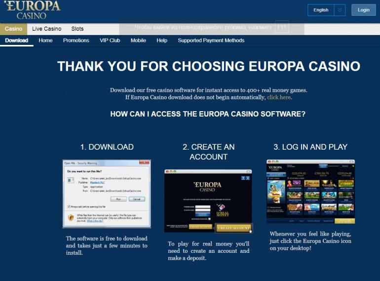 Europa Casino registration process, bonus for new players, withdrawal
