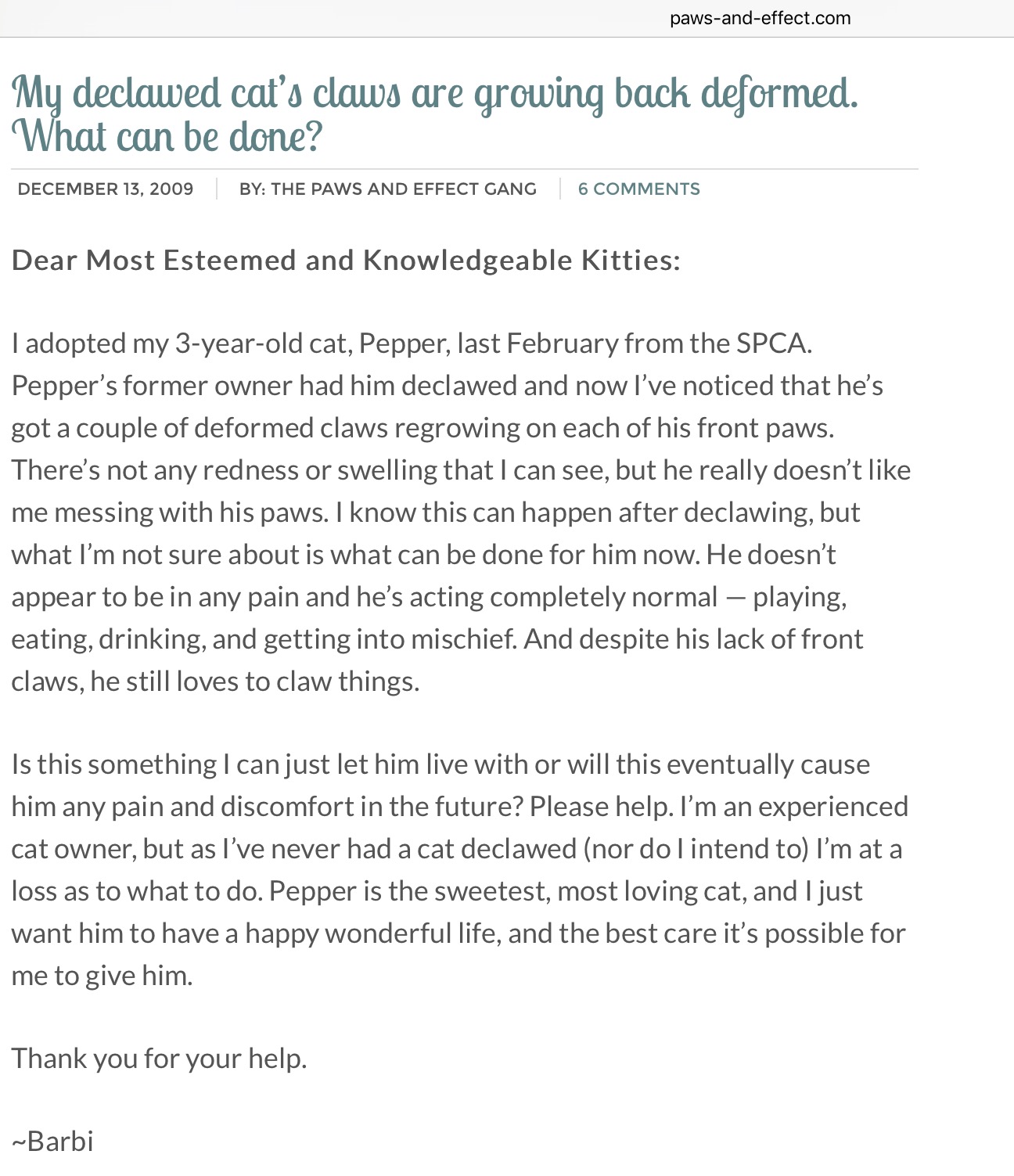 Claws Growing BackDeformed Cassandra Cat Wants Her Claws Back