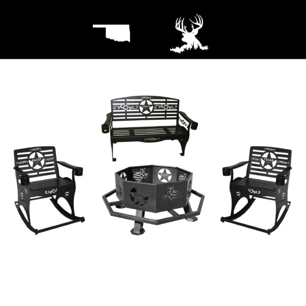 Backyard Rocker, Bench, Firepit Combo Cast and Bang Outfitters, LLC