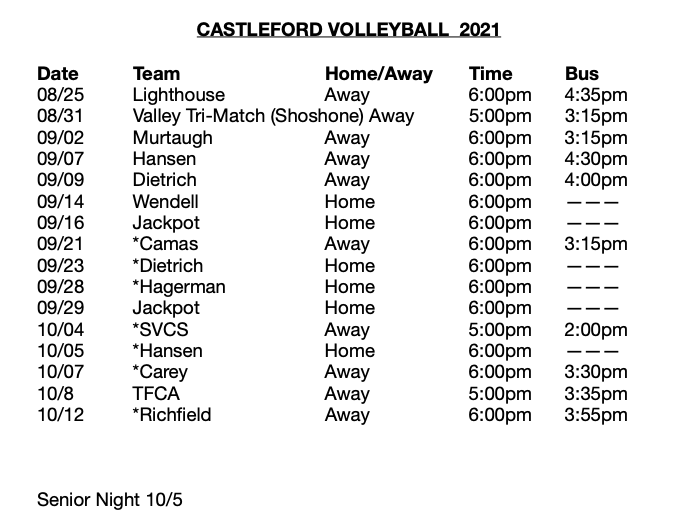 VB Schedule Change Castleford School District