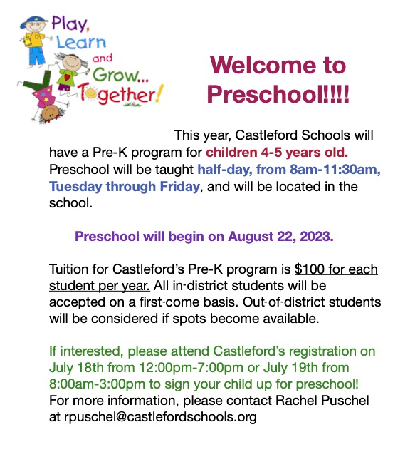 Preschool Registration Castleford School District