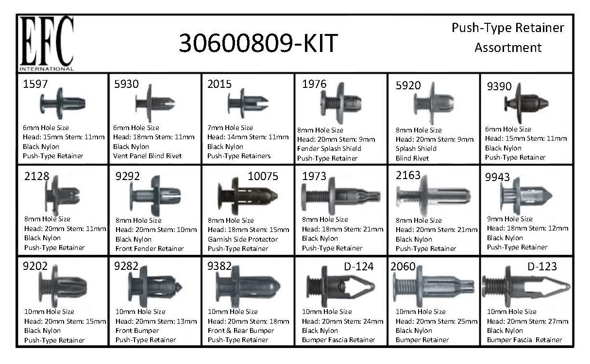 Item 30600809KIT, Selected Push Type Retainer Assortment Kits On EFC