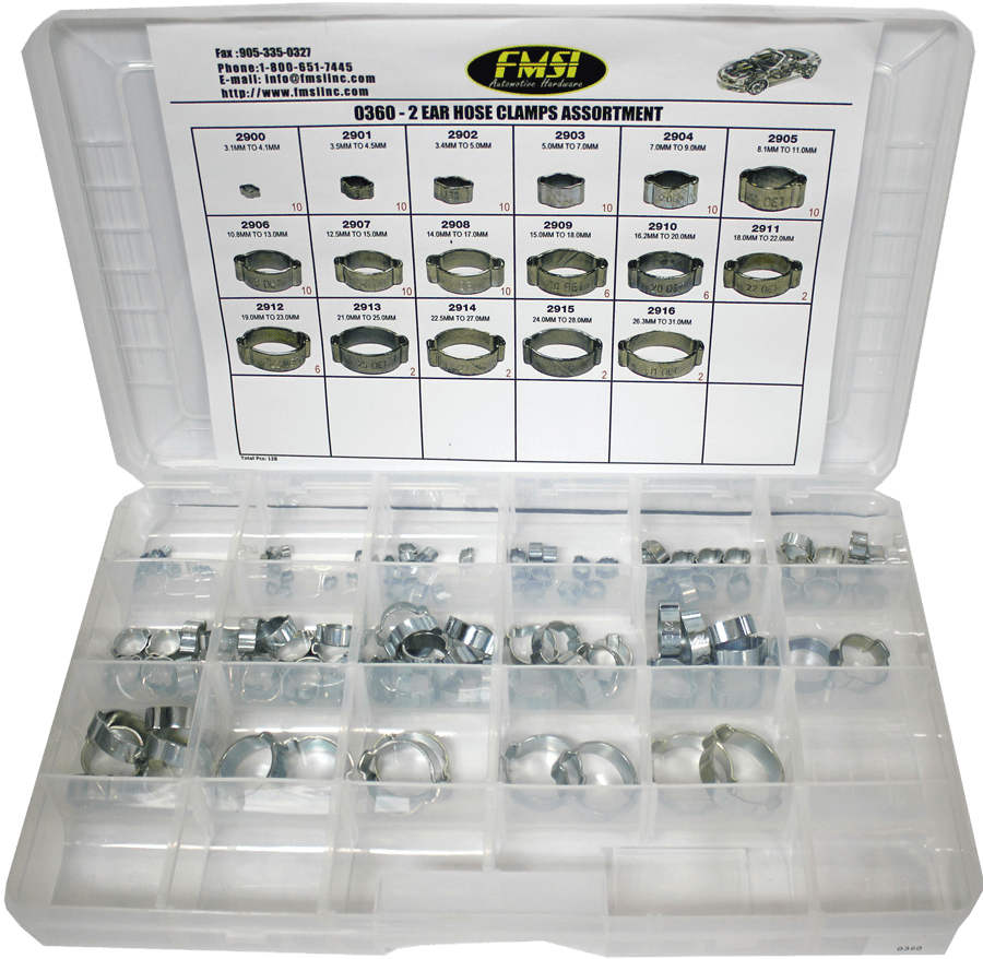 Item 0360, 2 Ear Zinc Hose Clamp Assortment On FMSI Automotive Hardware