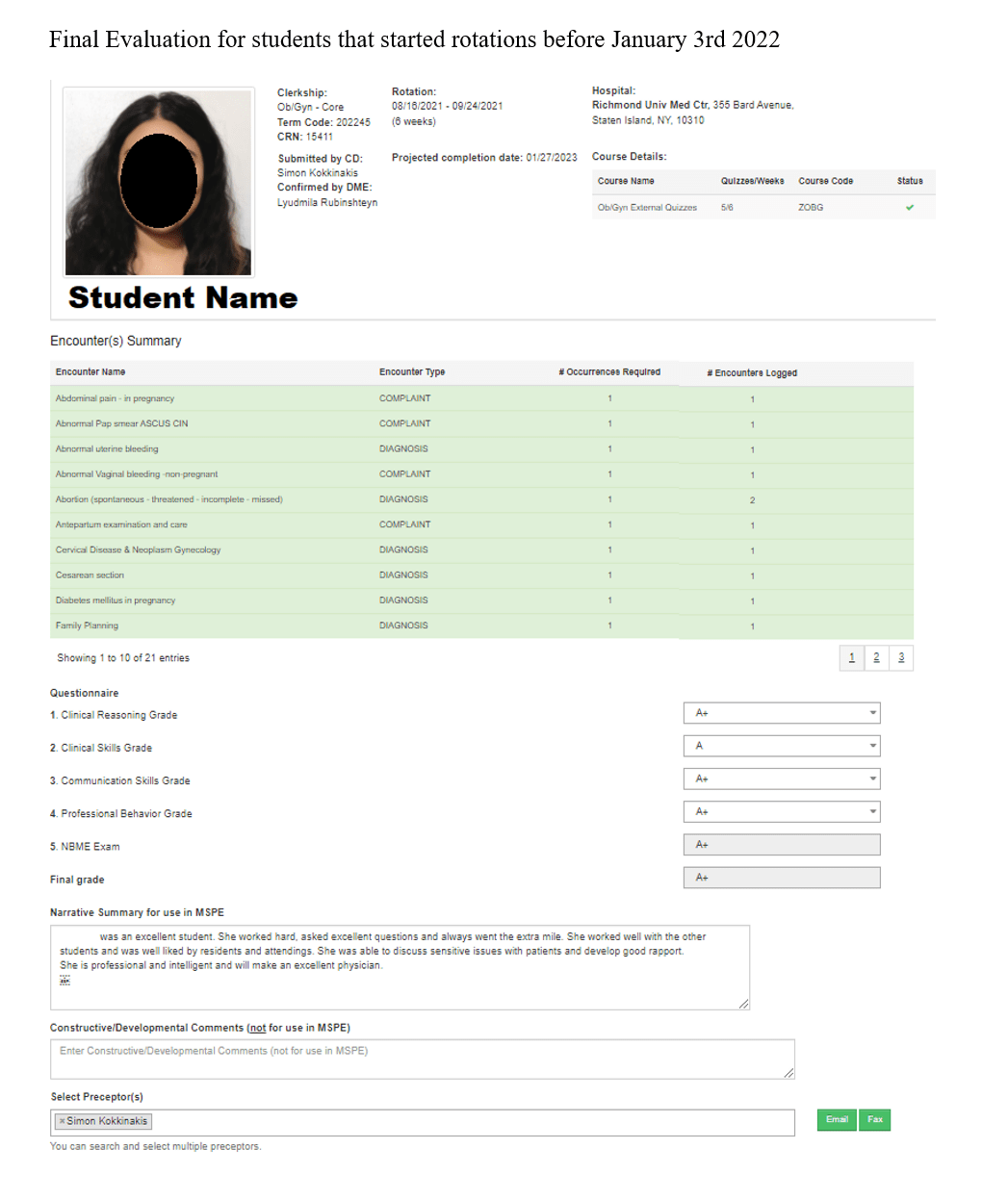 Appendix E Final Evaluation for Students that Started Rotations before