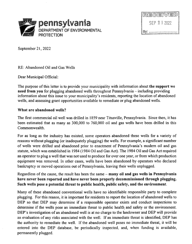 DEP Abandoned Wells Information Catawissa Borough, Pennsylvania