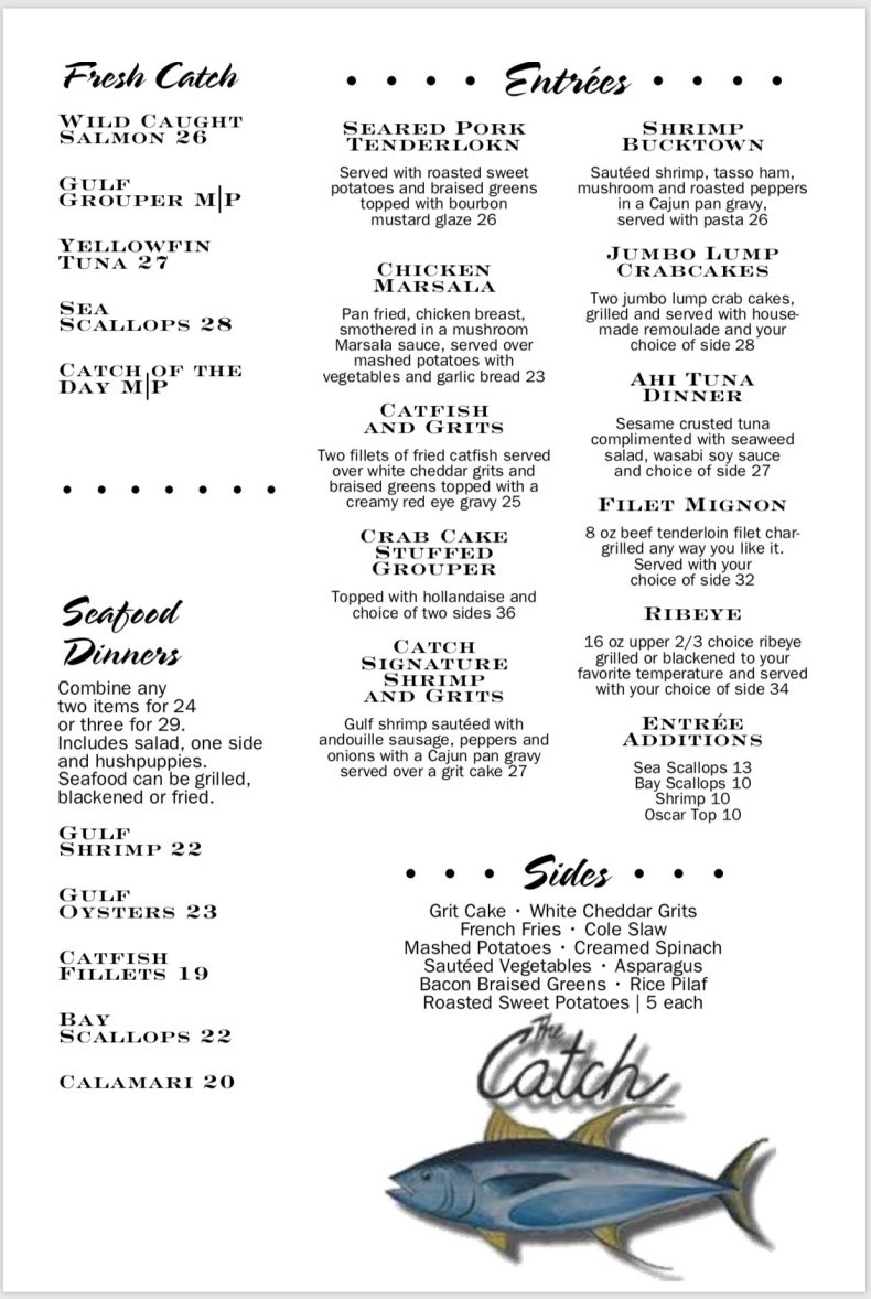 Menu The Catch Seafood Room & Oyster Bar
