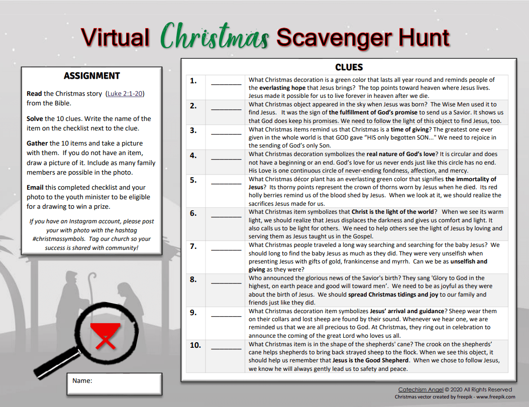 Virtual Christmas Scavenger Hunt for Home or Zoom Catechism Angel