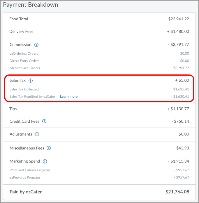 Where can I see how much sales tax ezCater remits?