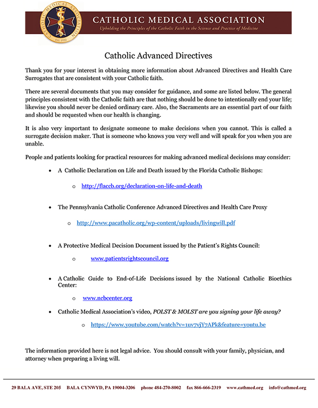 Advanced Directives Catholic Medical Association Catholic Medical