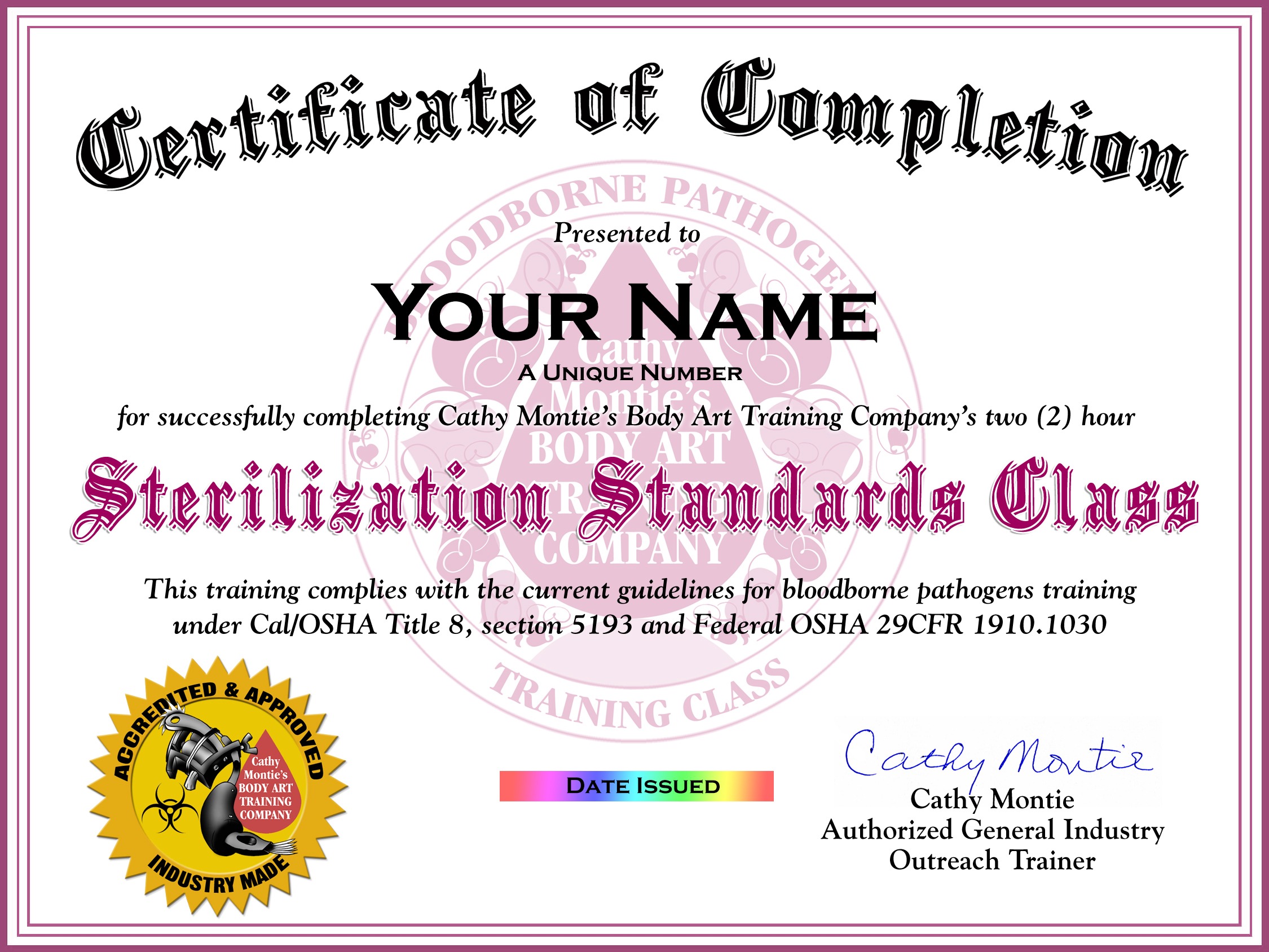 STERILIZATION STANDARDS CLASS Cathy Montie Body Art Training Company