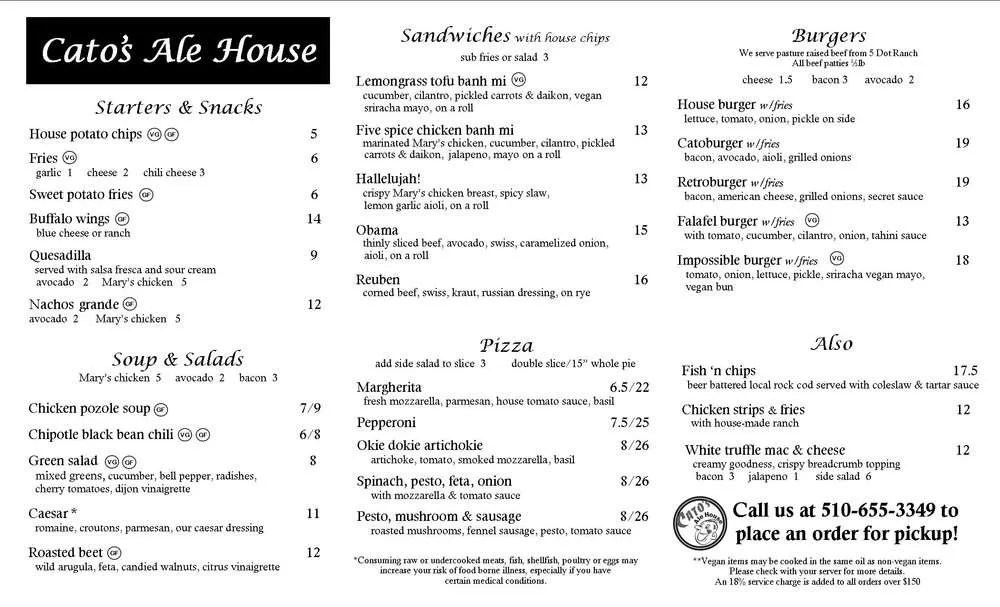 Menu Cato's Ale House Oakland