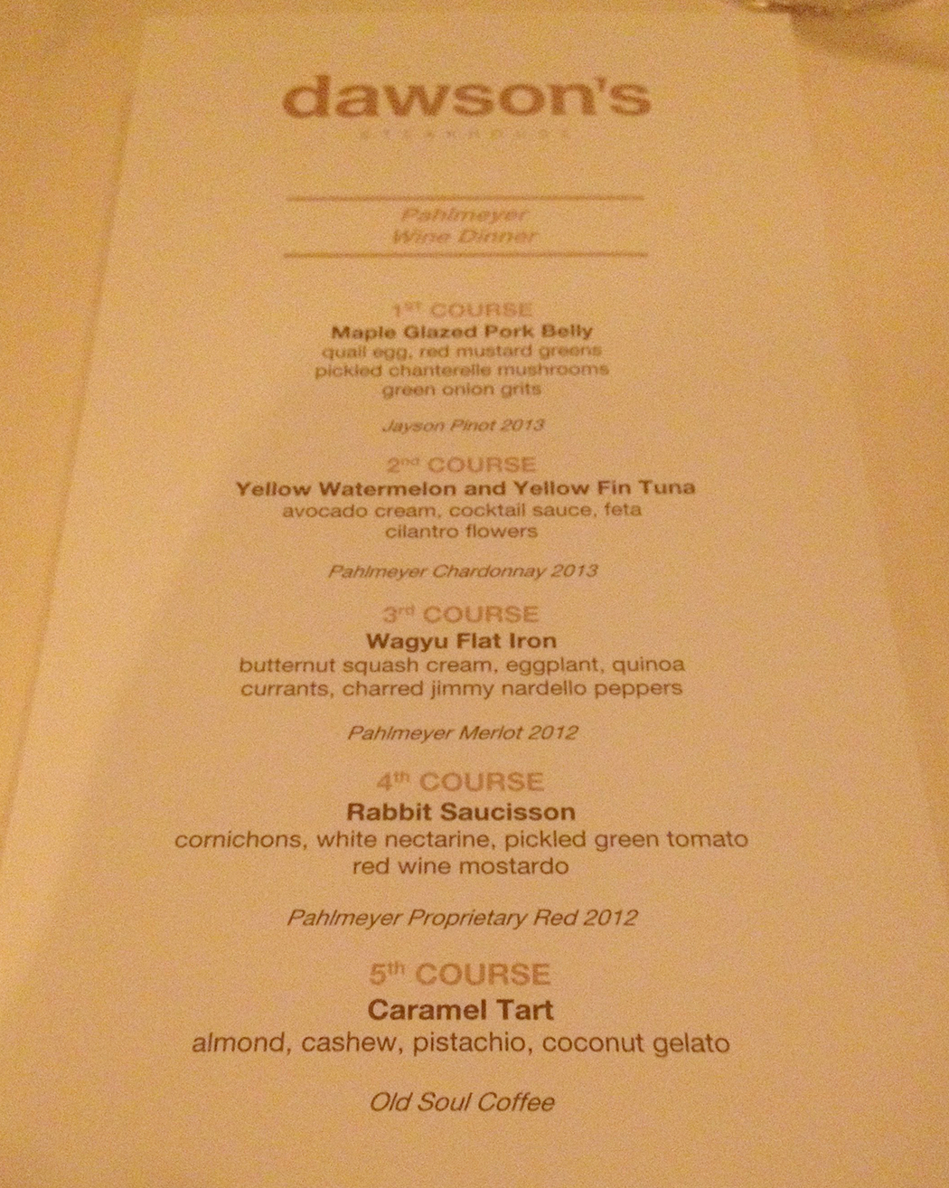 Dawson’s Wine Dinner Featuring Pahlmeyer Winery