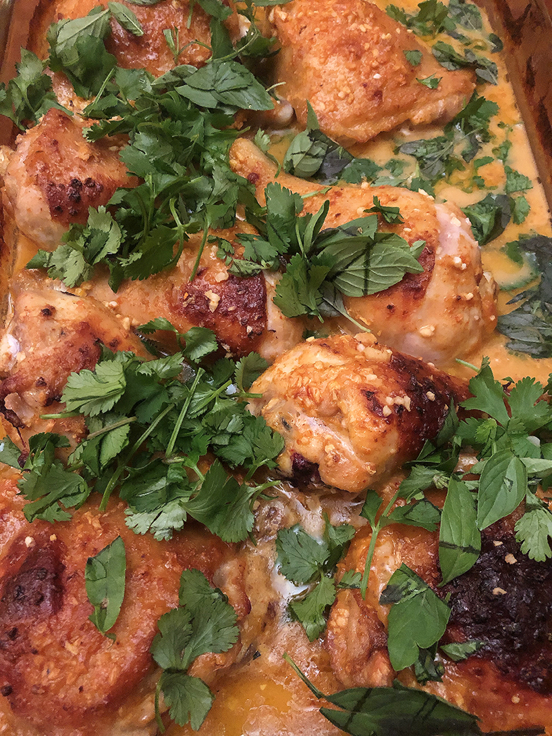 Coconut Milk Braised Chicken with Cauliflower, Quinoa, Brown Rice, and