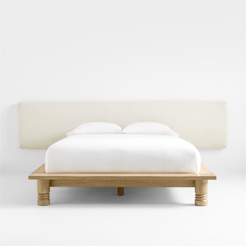 Revival Oak Wood Platform Queen Bed with Upholstered Headboard by