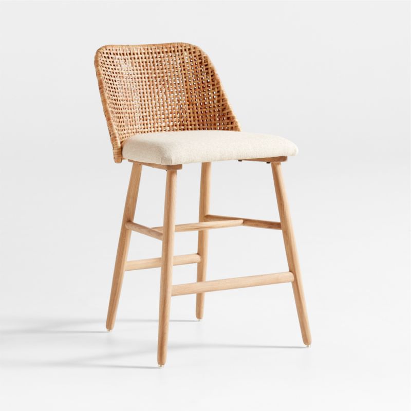 Astrid Upholstered Oak Wood and Rattan Counter Stool with Performance