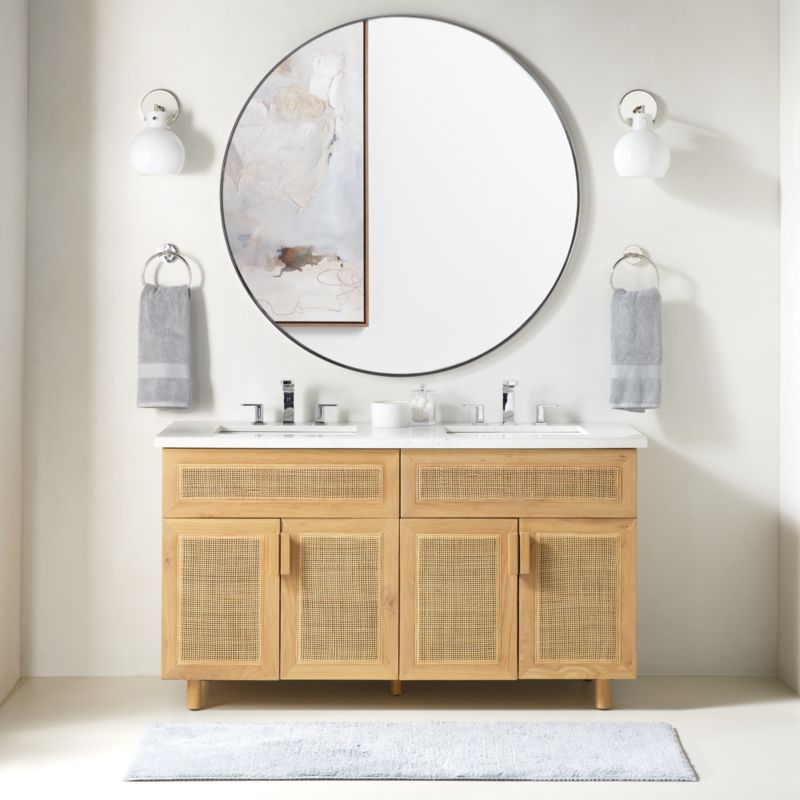 Eli 60" White Marble Top Double Sink Vanity with Cane and Natural Oak