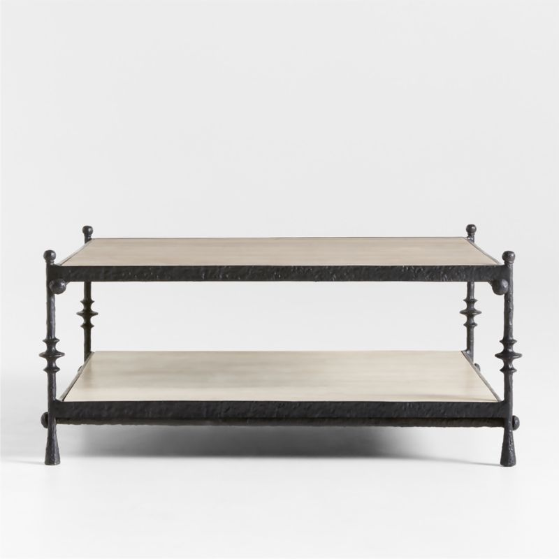 Estate Travertine and Metal 38" Square Coffee Table with Shelf by Jake(03)