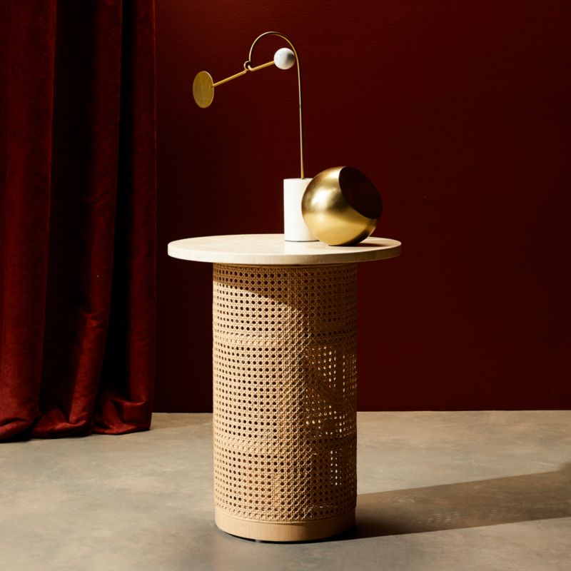 Travertine Cane Round End Table + Reviews Crate & Barrel