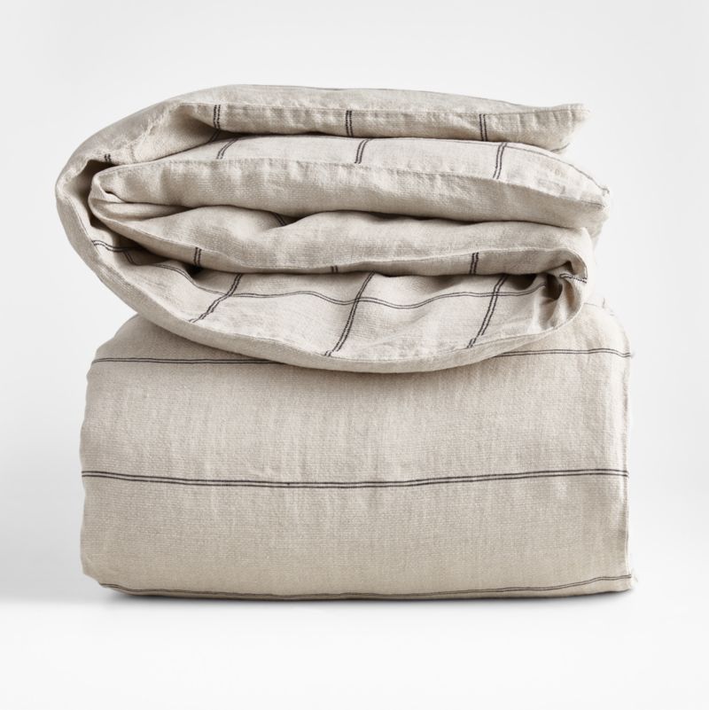 Natural Hemp Arcadia Tan and Midnight Navy Reversible Grid Duvet Covers