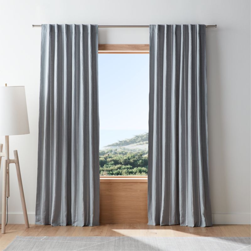 Mist Blue & Crisp White Linen Double Pinstripe Blackout Window Curtain