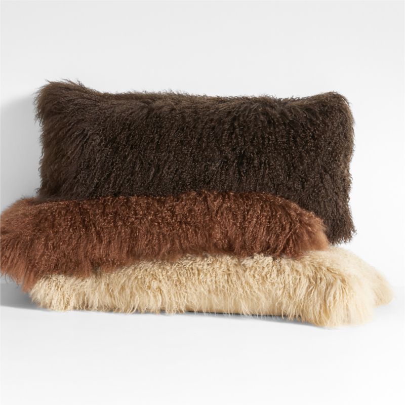 Deep Brown Mongolian Sheepskin 36''x16'' Throw Pillow with Feather