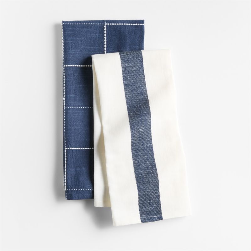 Navy Blue Stripe and Plaid Organic Cotton Dish Towels, Set of 2 Crate & Barrel