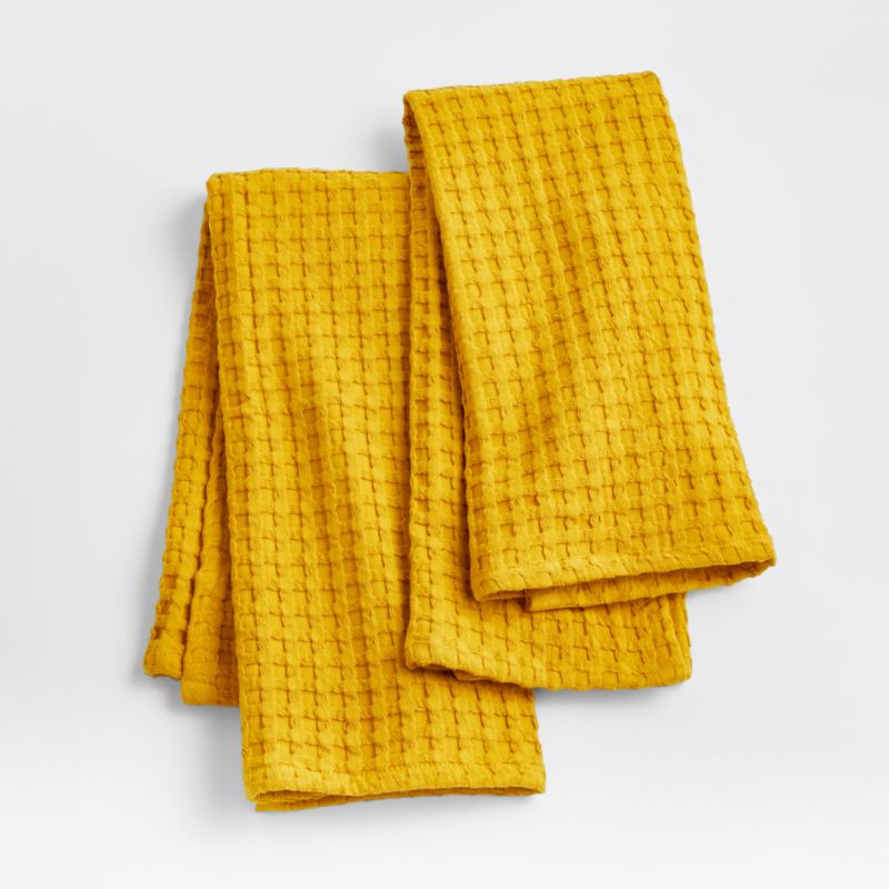 Oversized Waffle Ocher Yellow Tea Kitchen Dish Towels, Set of 2