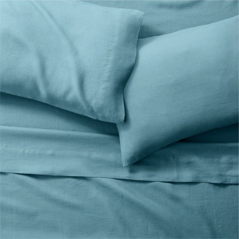 Pure Linen Teal King Bed Sheet Set Crate & Barrel