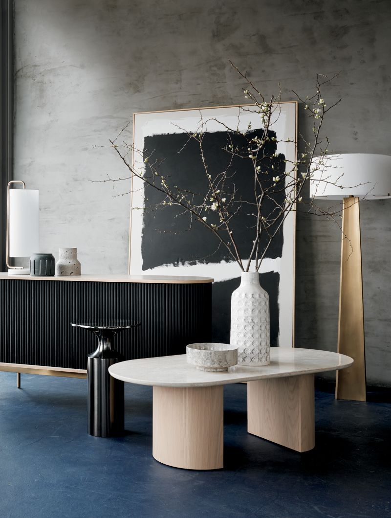 Travertine and Wood 54" Oval Coffee Table + Reviews Crate & Barrel