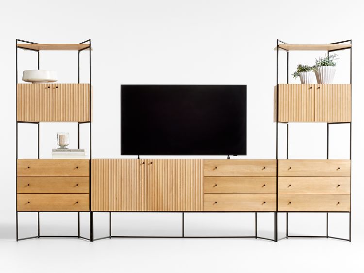 Evie 70" Natural Elm Wood and Black Iron Media Console with 2 Storage