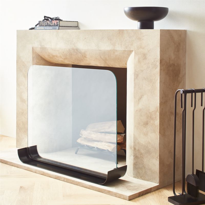 Black Curve Modern Glass Fireplace Screen CB2