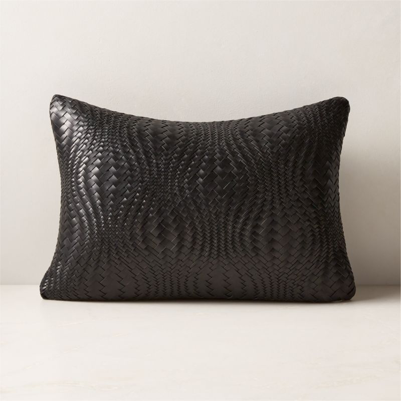 Flow Woven Black Leather Lumbar Pillow with FeatherDown Insert 18''x12'' + Reviews CB2