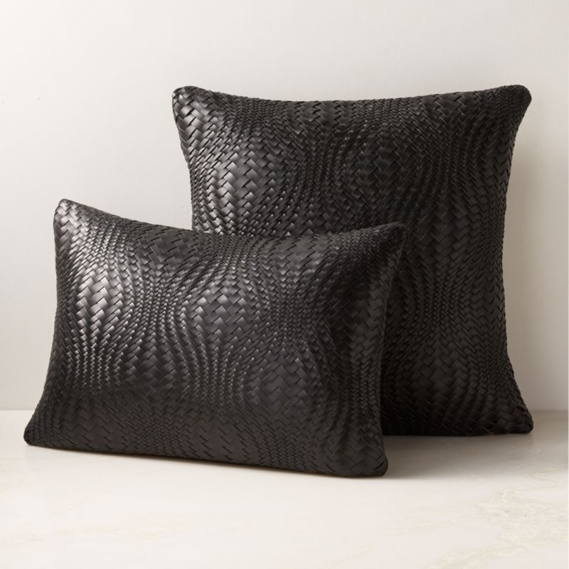 Flow Woven Black Leather Throw Pillow with DownAlternative Insert 18