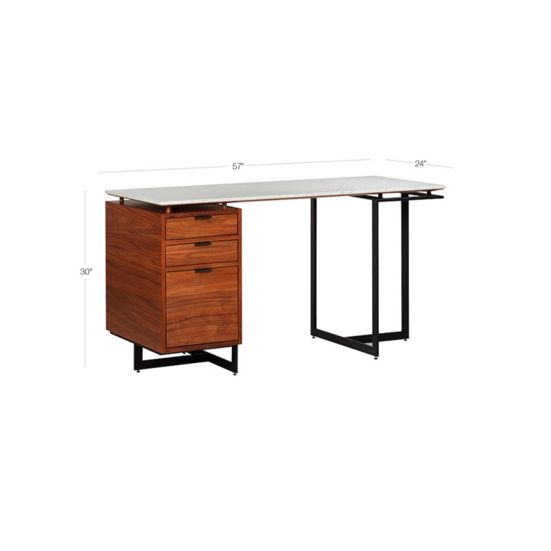 Fullerton Modern 3Drawer Metal and Walnut Wood Desk with White Marble