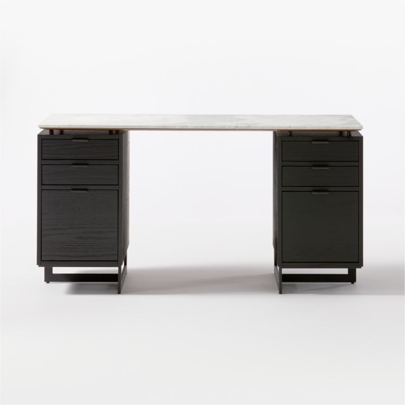 Fullerton Modern 6Drawer Black Oak Wood Desk with White Marble Top