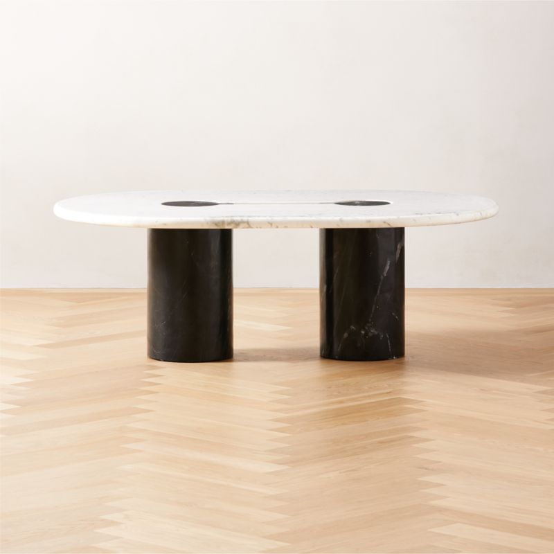 Liguria Modern Oval White Marble Coffee Table with Black Marble Base + Reviews CB2