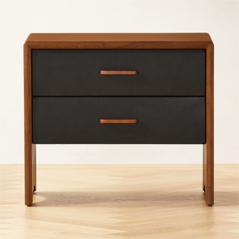Ralston 2Drawer Black Leather and Walnut Wood Nightstand CB2