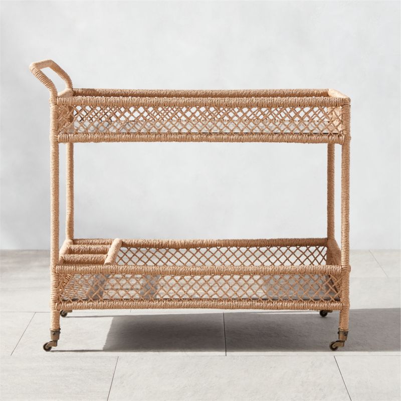 Remo Modern Travertine and Rattan Outdoor Bar Cart CB2