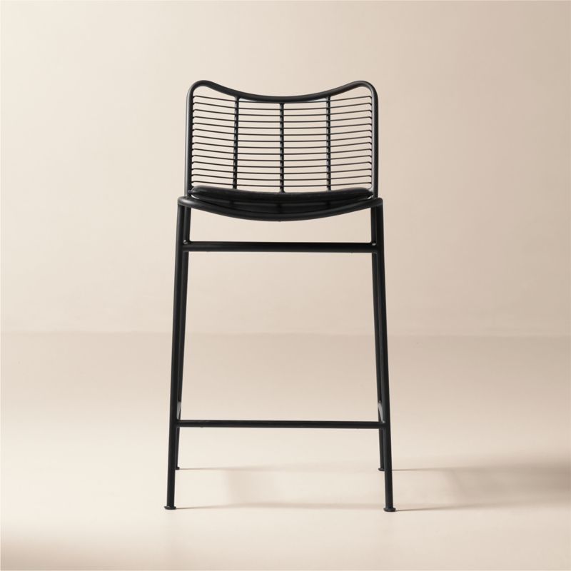 Sigma Black Metal Counter Stool with Black Leather Seat Cushion CB2