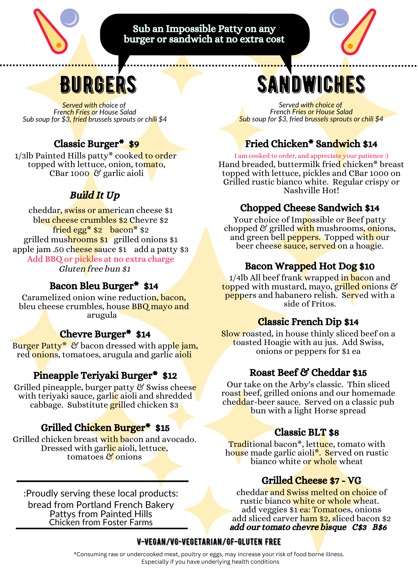 Snacks Entrees Burgers CBar PDX