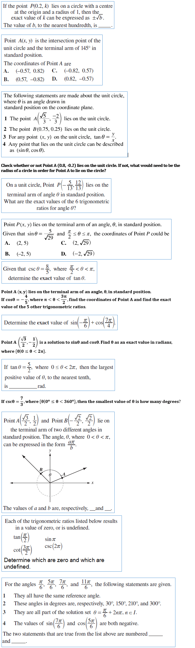 Unit Circle and Trigonometric Ratios Practice Problems cbemath