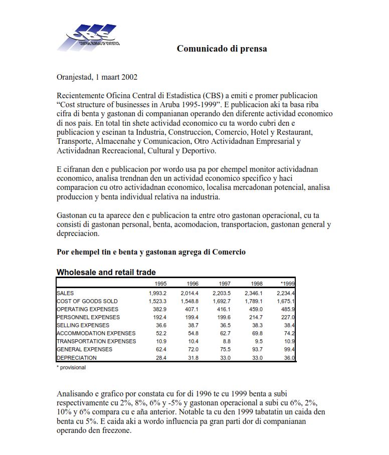 Press Release Cost Structure Central Bureau of Statistics