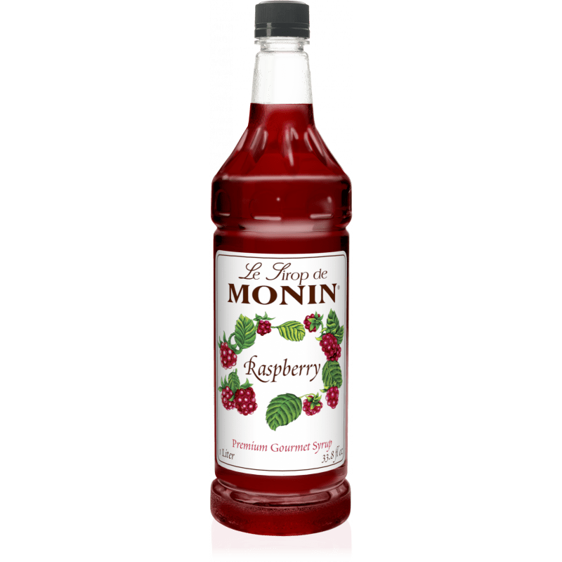 MONIN RASPBERRY FLAVORED SYRUP, PLASTIC LITER BOTTLE 4 PER CASE