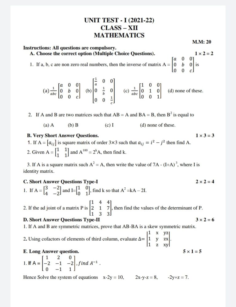 Class 12 Mathematics Unit Test Sample Paper CBSE News