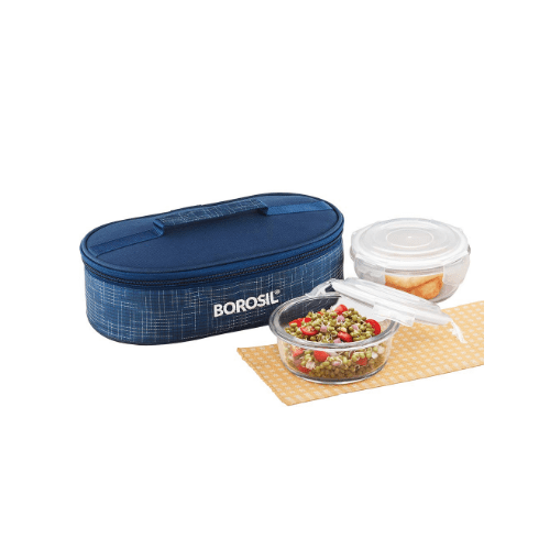Borosil Indigo Glass Lunch Box Set of 2, 400 ml, Horizontal, Microwave
