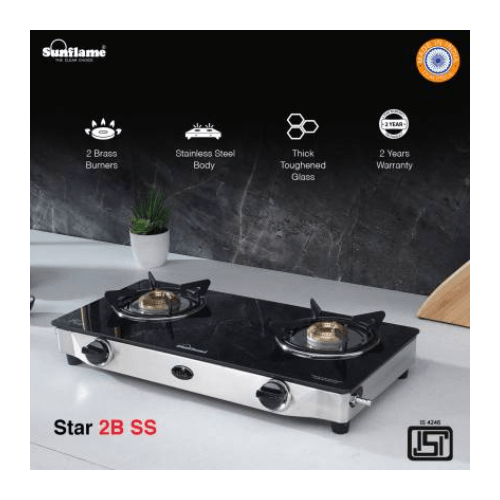 SUNFLAME GT STAR 2B SS Stainless Steel Manual Gas Stove (2 Burners