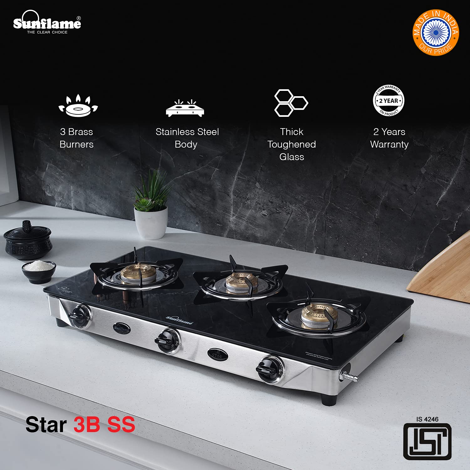 SUNFLAME GT STAR 2B SS Stainless Steel Manual Gas Stove (2 Burners