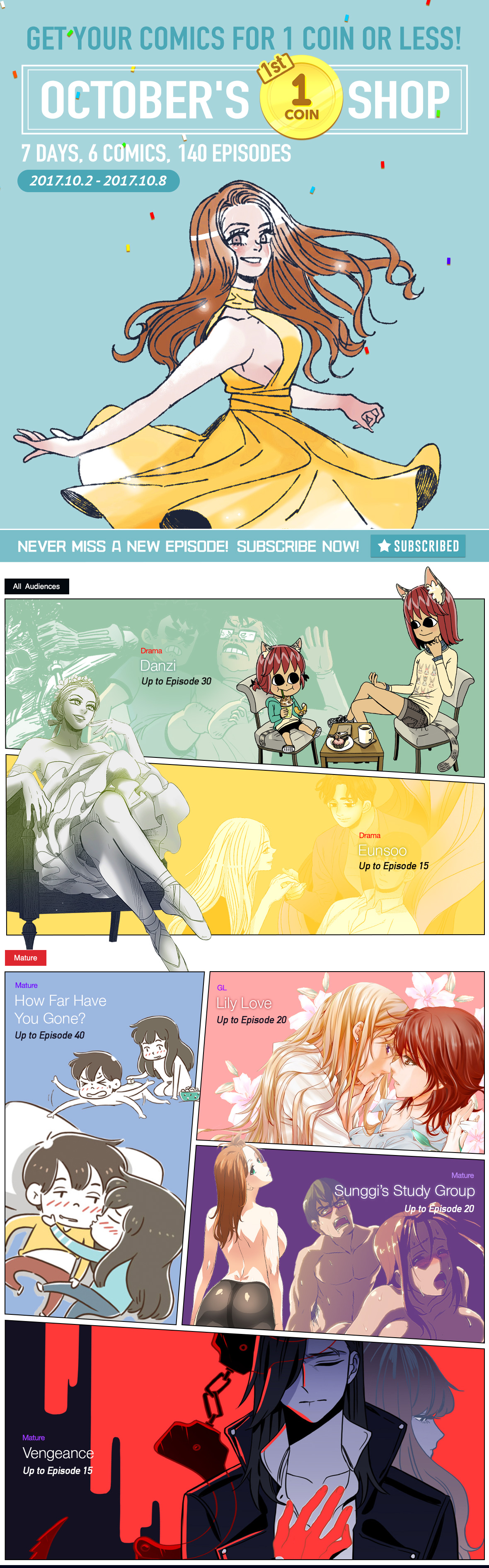 October's 1st 1 Coin Shop 7 Days, 6 Comics, 140 Episodes Lezhin Comics