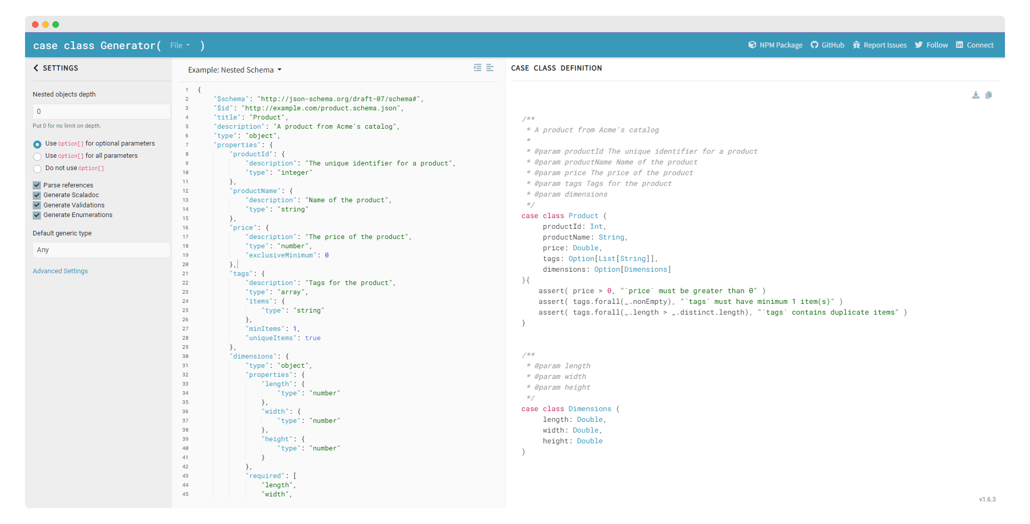 JSON Schema to Scala Case Class Converter NPM Package,  UI and a